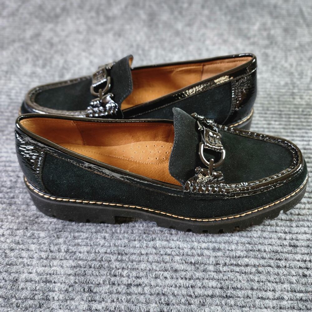 Donald Pliner Women's 8.5 Black Suede Patent Leather Trim Platform Loafers - Picture 5 of 9